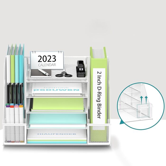 Сітчастий настільний органайзер з тримачами для файлів, 5-ярусний органайзер для лотків для паперу та листів з тримачами для журналів, настільний органайзер та місце для зберігання з шухлядою для офісного приладдя вдома чи в школі, білий