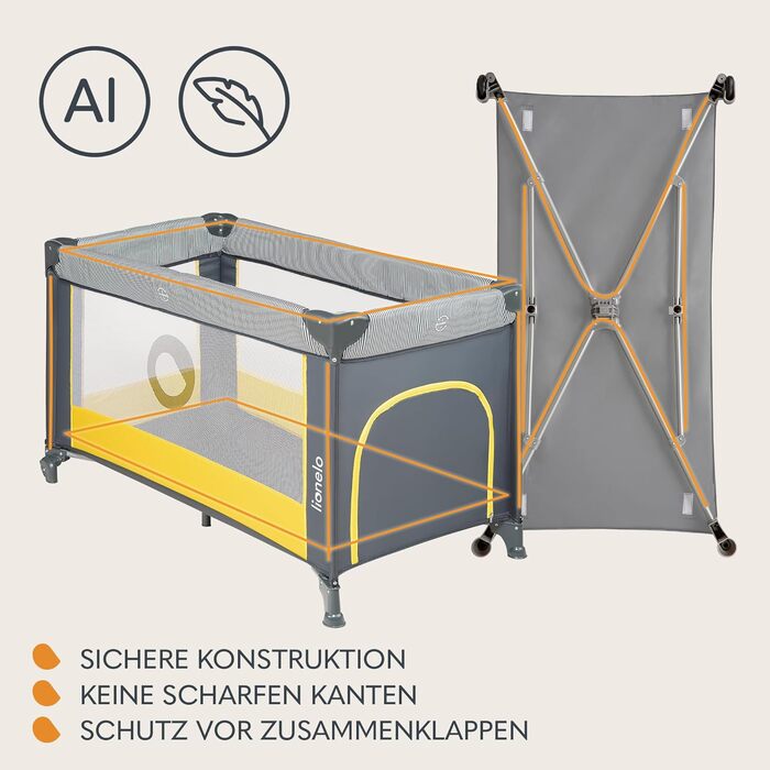 Дитяче ліжечко Lionelo Stefi, Дорожнє ліжечко від народження до 15 кг, Бічний вхід, Система безпеки LockGuard, Блокування коліс, Сумка для перенесення, Складане, Жовте