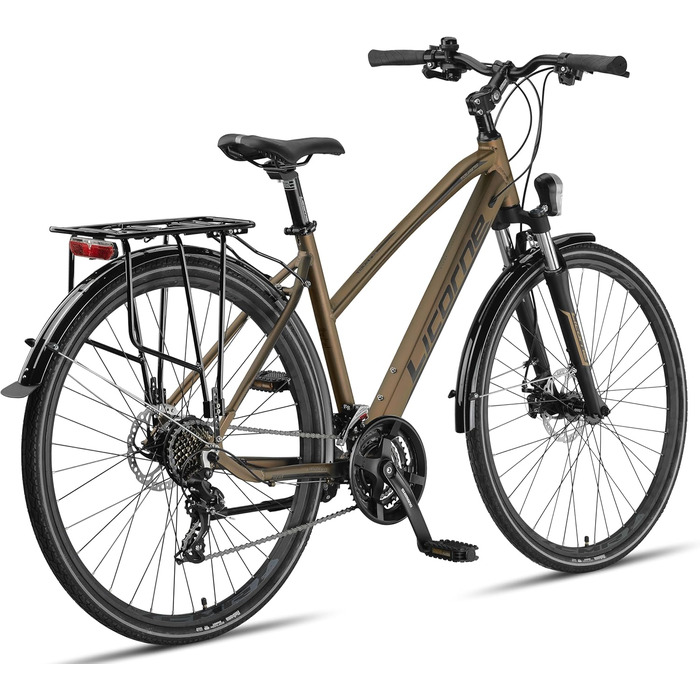 Велосипед Licorne Bike преміум-класу для трекінгу, алюмінієва рама 28 дюймів з дисковими гальмами, підходить для хлопчиків, дівчаток, жінок та чоловіків - 21 швидкість - Гірський велосипед - Кросовий велосипед, темно-золотистий.