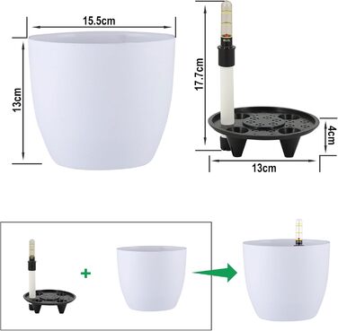 Самополивний квітковий горщик з індикатором води, білий, набір з 5 шт. , 15 см, самополивний горщик, резервуар для води, кашпо, кашпо для використання в приміщенні та на вулиці, самополивний горщик