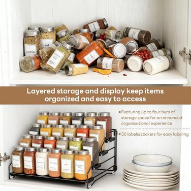 Рівнева підставка для спецій, не потребує свердління, металевий органайзер для спецій з етикетками та ручкою, регульована по висоті підставка для спецій для кухні, шафи, ванної кімнати, 4-