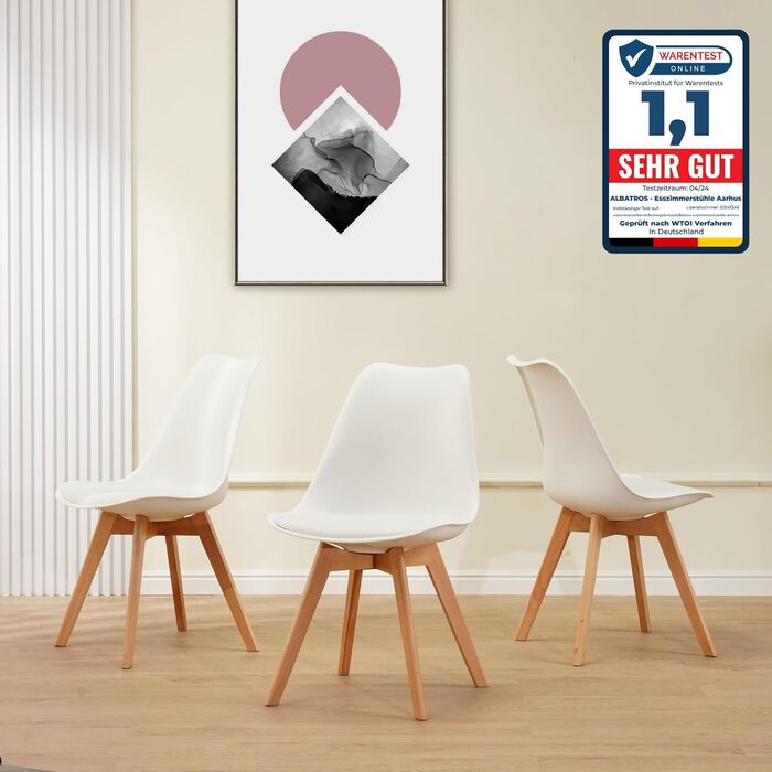 Обідні стільці ALBATROS, комплект з 4 шт. , AARHUS, білий - ніжки з масиву бука, скандинавський ретро-дизайн, зручне крісло-ракушка - елегантний кухонний стілець, обідній стілець для обіднього столу, білий бук комплект з 4 шт.