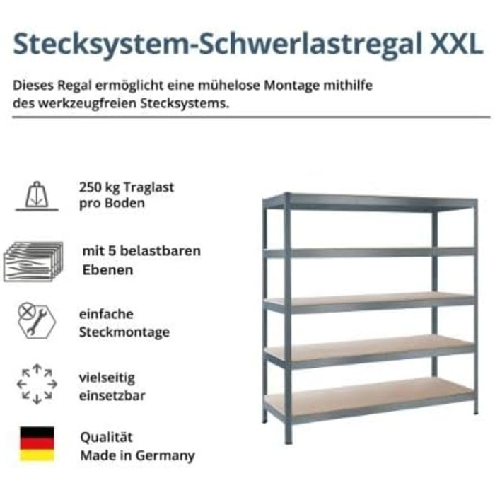 Стелаж SCHULTE Shelf World для важких умов експлуатації з 5 рівнями, 180x160x60 см (ВxШxГ), вантажопідйомність на рівень приблизно 250 кг, оцинкований, стелаж для зберігання, стелаж для підвалу, стелаж для майстерні, стелаж без ригелів