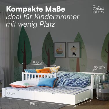 Дитяче ліжко Bellabino Vils 90x200 см Ліжко для малюків, що розкладається до 90x190 см, із захистом від падіння та рейковою основою Дитяче ліжко Монтессорі з масиву сосни білого кольору для хлопчиків та дівчаток. Біле з гостьовим ліжком (матрац не входить