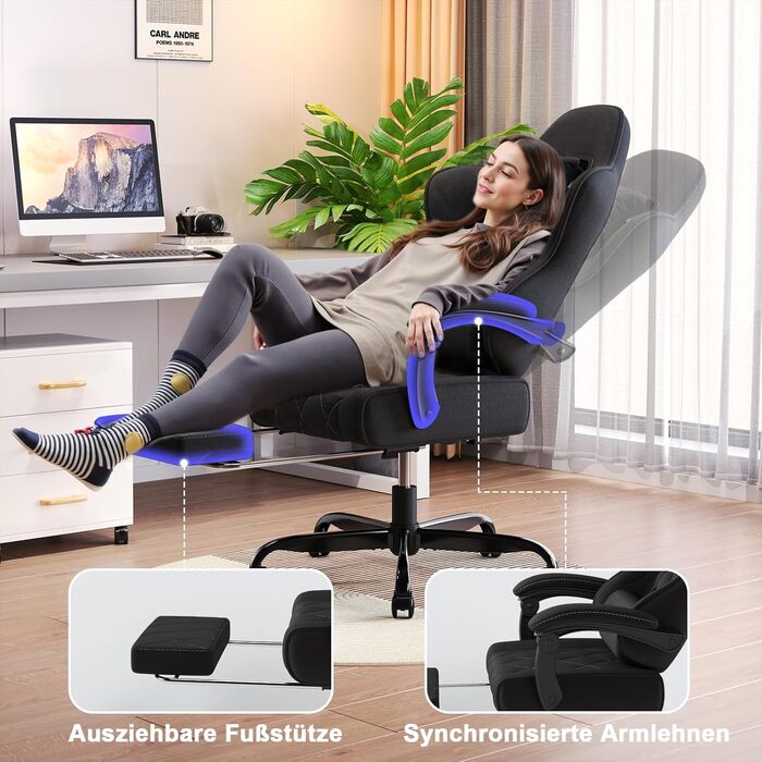 Ігрове крісло Devoko, ергономічна тканина з функцією масажу та підставкою для ніг, пружинна амортизація Pocket Spring, регулювання на 135, повітропроникне для домашнього офісу або ігрової кімнати, чорний колір