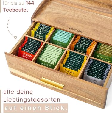 Чайна скринька з дерева акації Стильне сховище для чаю з шухлядою 8 великих відділень (до 144 чайних пакетиків) Органайзер для чайних пакетиків з полицею Розміри 33 см x 20 см x 13 см