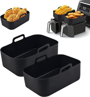 Силіконовий горщик Pipihome для подвійної фритюрниці Ninjas, подвійний силіконовий кошик 2PCS Liner, аксесуари для стійки для фритюрниці, духовки, мікрохвильової печі (чорний)