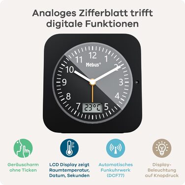 Бездротовий будильник MEBUS з дисплеєм температури, дата, розмір подорожі, живлення від батареї, відкладений будильник, великий дисплей, з підсвічуванням, колір білий, модель 25610 L 4.3 x Ш 9.3 x В 9.4 см (чорний, одинарний)