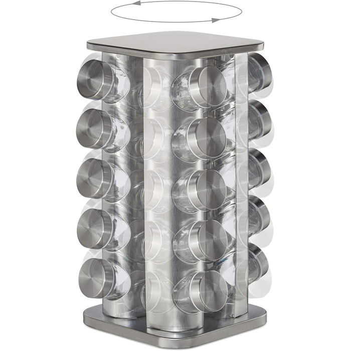 Карусель для спецій Relaxdays з 20 банками для спецій, обертається на 360, нержавіюча сталь, скло, підставка для спецій ВxГ 34 x 19 см, прямокутна, срібляста, 10032728