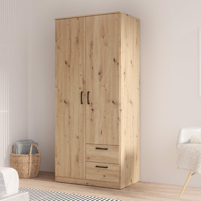 Шафа 82, шафа Scandi з 2 дверима та 2 шухлядами, інженерна деревина, оздоблення Artisan Oak, ширина 81,9 см, висота 185 см, глибина 52,7 см. Шафа Artisan Oak, 2 двері з 2 шухлядами