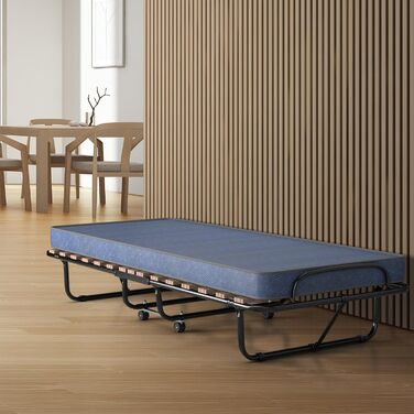 Гостьове ліжко COSTWAY 80x190 см з матрацом з піни з ефектом пам&39яті, розкладне односпальне ліжко, міцне металеве ліжко (витримує вагу до 130 кг), розкладне ліжко на колесах, ліжко для кемпінгу, переносне ліжко, синє 80 x 190 x 33 см