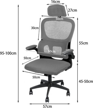 Ергономічне офісне крісло OHMG з дихаючою сітчастою спинкою та сидінням, регульованою по висоті, комп&39ютерне крісло з можливістю нахилу та коліщатками, ігрове крісло, офісне крісло (сіре, 125 x 65,5 x 64 см) Сірий 125 x 65,5 x 64 см