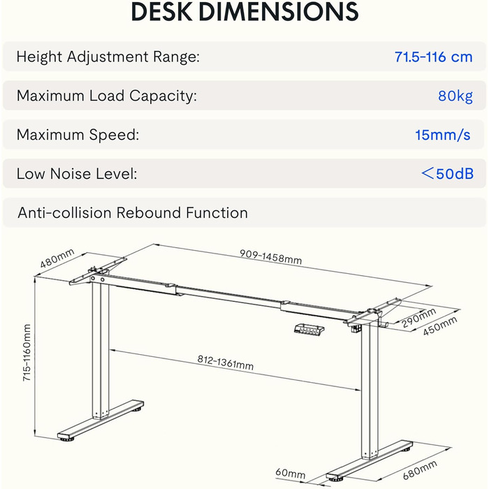Каркас столу FlexiSpot з регулюванням висоти з 2 гачками, функцією пам&39яті висоти та світлодіодним індикатором висоти, ніжки столу з електричним регулюванням висоти (білий) EN1 білий