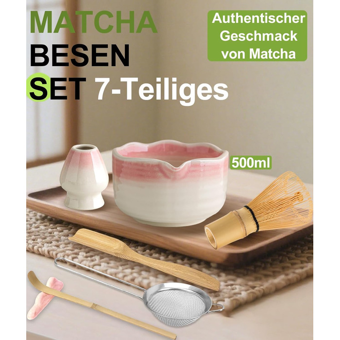Набір для матча JBER Рожевий Градієнт бамбуковий вінчик (часен), чаша для матча з носиком, підставка для вінчика, ситечко, ложка та підставка, японський набір для поціновувачів матча