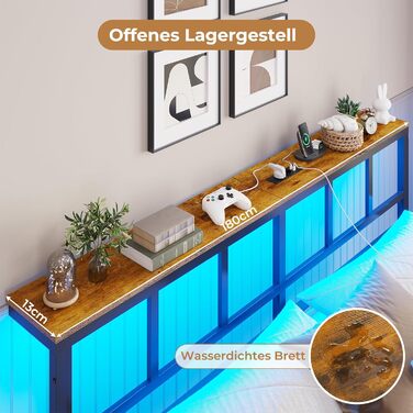 Ліжко 180x200 з металевою рейковою основою, каркас ліжка 180x200 см зі світлодіодним освітленням, зарядна станція (2 розетки змінного струму, 2 USB-порти), металеве ліжко 180x200 см з узголів&39ям та місцем для зберігання речей, двоспальне ліжко