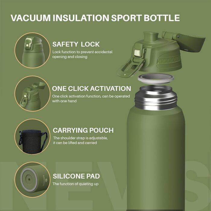 Пляшка для води SANTECO із запобіжником протікання, термопляшка з нержавіючої сталі 1,5 л без BPA, ізольована пляшка з футляром для перенесення, пляшка для води, яку можна мити в посудомийній машині, для подорожей та кемпінгу, мохово-зелена 1500 мл