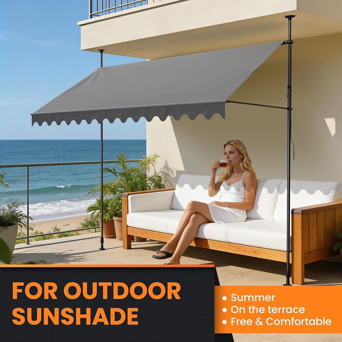 Тент-затискач сірий (250 x 175 см) Балконний тент без свердління Тент-затискач з ручним приводом Водонепроникний та сонцестійкий 250 x 175 см