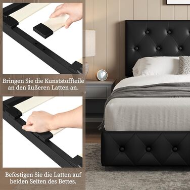 Ліжко Yaheetech з м&39якою оббивкою 140 x 200 см, двоспальне ліжко з 2 шухлядами, узголів&39ям з регульованою висотою, м&39яке ліжко з рейковою основою, багато місця для зберігання, чорний колір