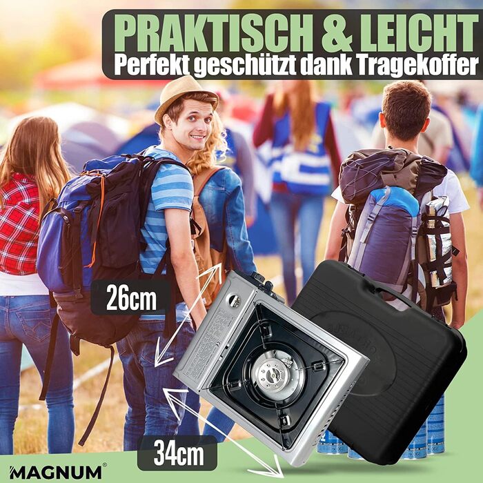 Газова плита MAGNUM з 4 газовими картриджами - Кемпінгова плита з газовими картриджами - Газова плита для кемпінгу