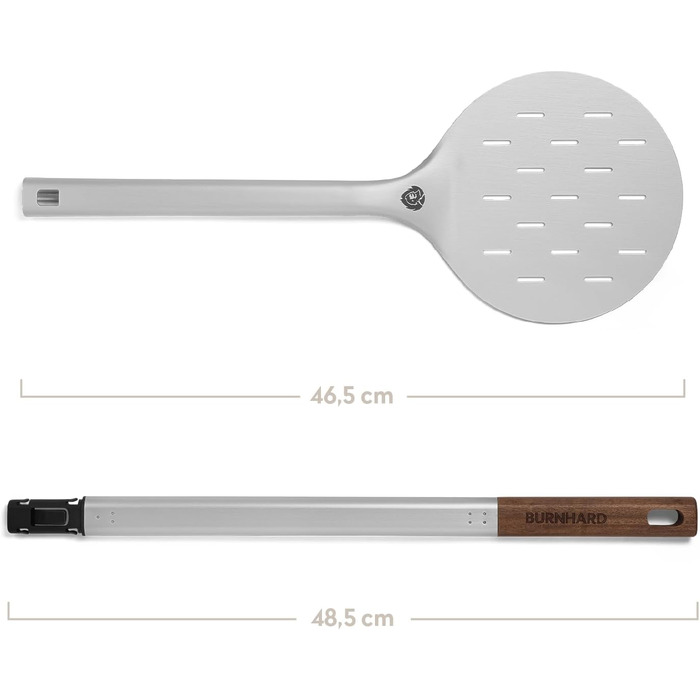 Кругла, лопата з перфорованого алюмінію з ручкою з дерева акації та штепсельним механізмом, термостійкий для печі для піци 95 см x