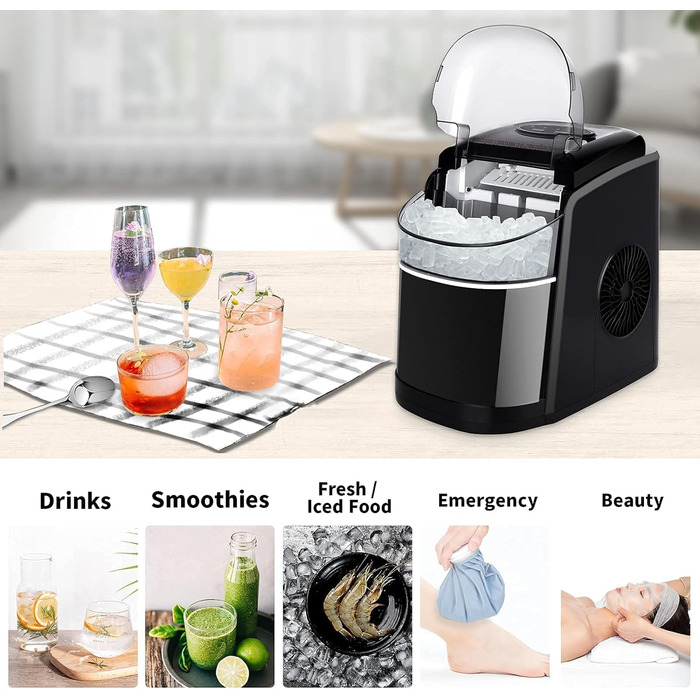 Переможець тесту машини для кубиків льоду 12 кг Льодогенератор Льодогенератор 6 хв Час виробництва Льодогенератор, Машини для виробництва кубиків льоду Тиха машина для приготування кубиків льоду з функцією самоочищення, чорний (БАГАТОРАЗОВИЙ)