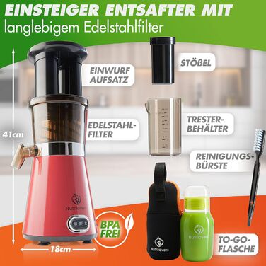 Повільна соковижималка Соковижималка для фруктів і овочів Соковижималка електрична, 2 наповнювальних отвори, дуже тиха, включаючи пляшку для пиття повільного соку додаток рецептів Рожевий перець / Рожевий перець