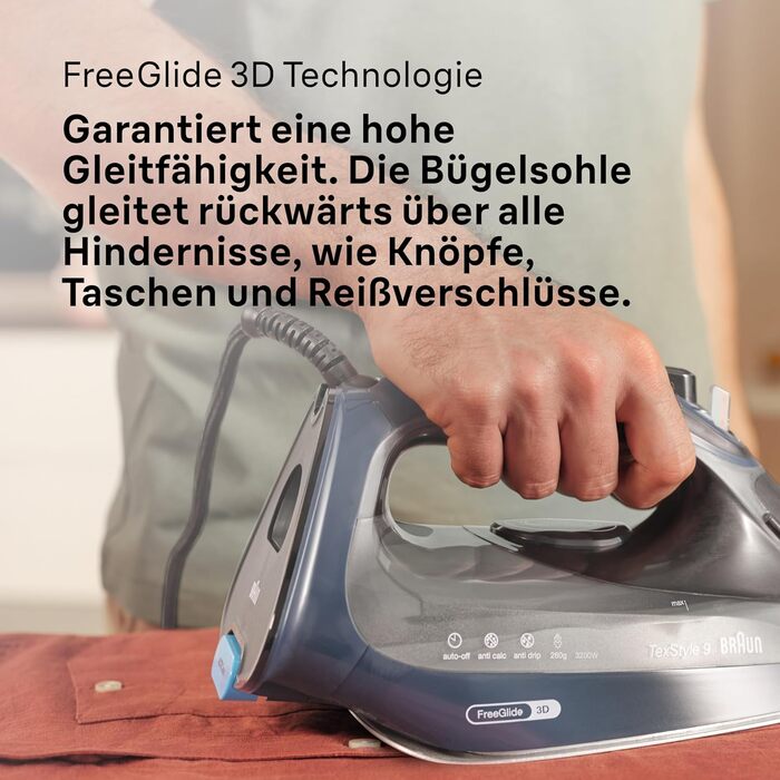 Парова праска Braun TexStyle 9 SI9682 DB з технологією FreeGlide 3D, вертикальна подача пари, функція захисту від крапель, функція