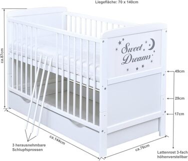 Комплект дитячого ліжка Generic Baby Deluxe 70x140, що трансформується в дитяче ліжко White Sweet Dreams, матрац (з шухлядою), 144Д x 76Ш x 87В см