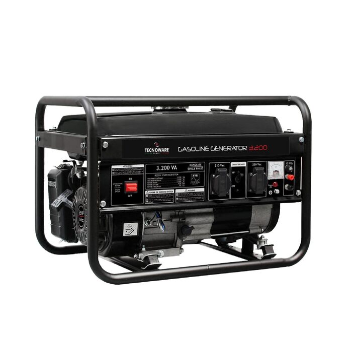 Бензиновий генератор Tecnoware Power Systems 3200ВА однофазний, з AVR, низький рівень шуму, бак 15 л, електричний/ручний запуск, чорний