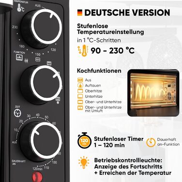 Міні-духовка Stillstern з конвекцією (18 л) Німецька версія, вставка для фритюрниці, деко, рукавиці, буклет з рецептами, внутрішнє освітлення, 1300 Вт, тостер гриль Піч для піци Міні-піч ідеально підходить для кемпінгу