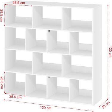 Книжкова полиця eSituro, окремостояча полиця з 14 відділеннями, кубічна полиця, полиця для зберігання, офісна полиця, відкрита полиця для вітальні, кабінету, офісу, компактна, 120x120x30 см, білий