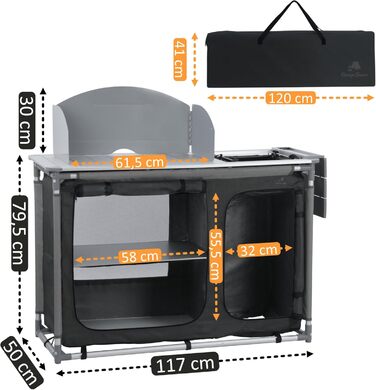 Кемпінгова шафа CampFeuer Кемпінгова кухня з алюмінієвою рамою Бризкозахисний екран та раковина 117 см x 50 см x 109,5 см Кемпінгова полиця, Складана кемпінгова шафа, Кемпінгова кухня, Кемпінгові меблі