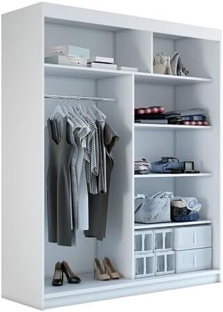 Шафа з розсувними дверима ЗІ ВОМБОЮ 180 см з дзеркалом та дерев&39яними ламелями (біла) Біла 180 см x 215 см