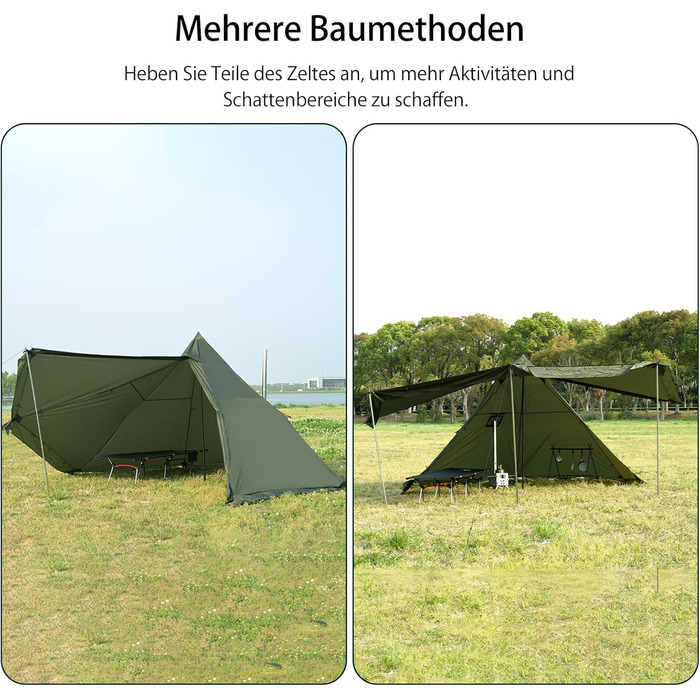 Намет-тіпі з отвором для плити та снігозахисною спідницею, водонепроникний намет-тіпі на 4 особи для сімейного кемпінгу, пірамідальний намет на 4 сезони для походів, активного відпочинку, трекінгу, полювання, риболовлі, зелений