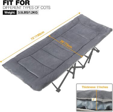 Розкладний матрац для походного ліжка 190 x 70 см, зручний, товстий бавовняний наматрацник з високоякісним поліестеровим наповнювачем, темно-сірий, L