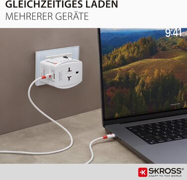 Універсальний дорожній адаптер SKROSS (2-полюсний) з портами USB-A та USB-C, компактний перехідник для ноутбуків із кабелем USB-C