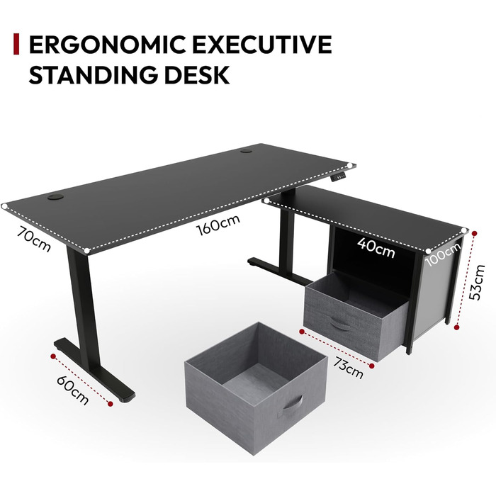 Письмовий стіл з регульованою висотою, електричне регулювання висоти, L-подібний, з шухлядами та відділенням для зберігання, двосторонній, ергономічний стіл для роботи сидячи та стоячи, 160 x 70 см, чорний