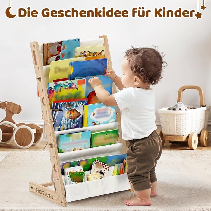 Дитяча книжкова полиця COSYLAND з 6 полицями з тканини Оксфорд - Дитяча книжкова полиця з натурального дерева - Дитяча книжкова полиця з закругленими кутами та компактна, 42Д x 30Ш x 76В см (колір натурального дерева, середній)