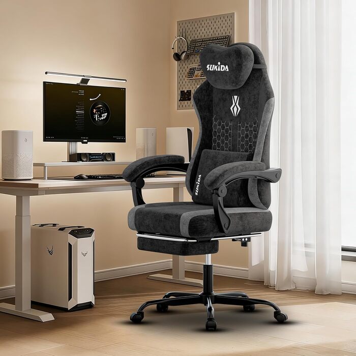 Ігрове крісло SUKIDA, ергономічне робоче крісло з підставкою для ніг, підголівником та поперековою подушкою, робоче крісло з високоякісною тканинною поверхнею - чорне