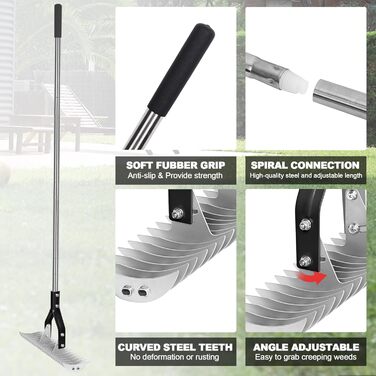 Гребінь для сінокосарки 38,1 см, регульована ручка, граблі з регульованими зубцями, інструмент для видалення бурянів, граблі для видалення сухої трави, розчісування газону та аерації