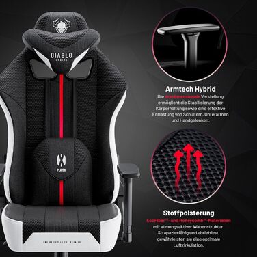 Ігрове крісло Diablo Fabric X-Player 2.0 - Широке сидіння - Ігрове крісло з 3D підлокітниками - Подушки для шиї/світлові подушки, функція гойдання - Офісне крісло 160 кг - Ергономічне ігрове крісло для ПК - King (XL) Біло-чорний King (XL)
