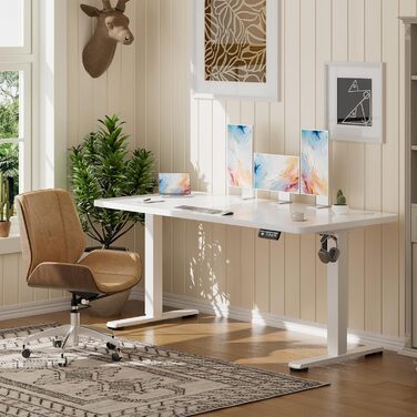 Стіл з регульованою висотою 140 x 60 см, електрично регульований стіл для офісу, комп&39ютерний стіл з функцією пам&39яті, стіл для роботи стоячи, білий 140 x 60 см