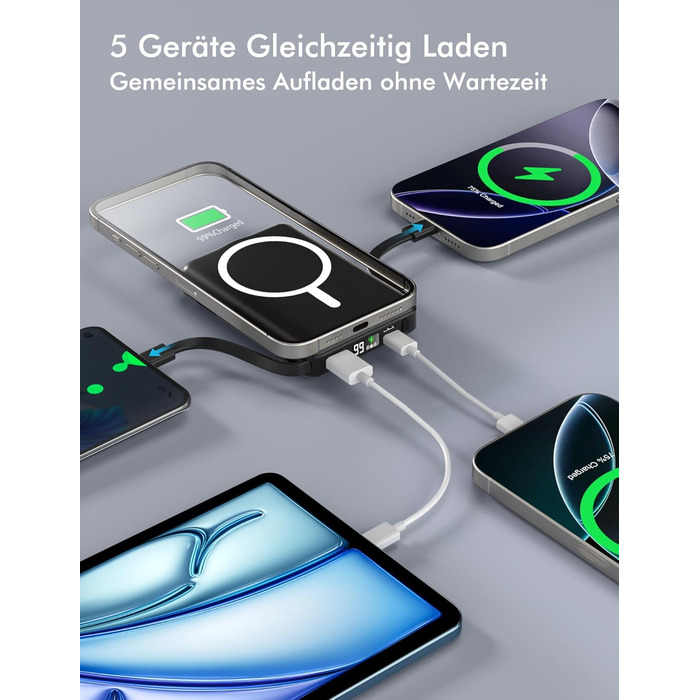 Бездротовий зовнішній зарядний пристрій Podoru для Magsafe, магнітний ємністю 10000 мАг з кабелем USB-C, швидка зарядка PD 20 Вт зі світлодіодним дисплеєм, бездротовий акумулятор для iPhone 17/16/15/14/13/12 усіх серій (чорний)