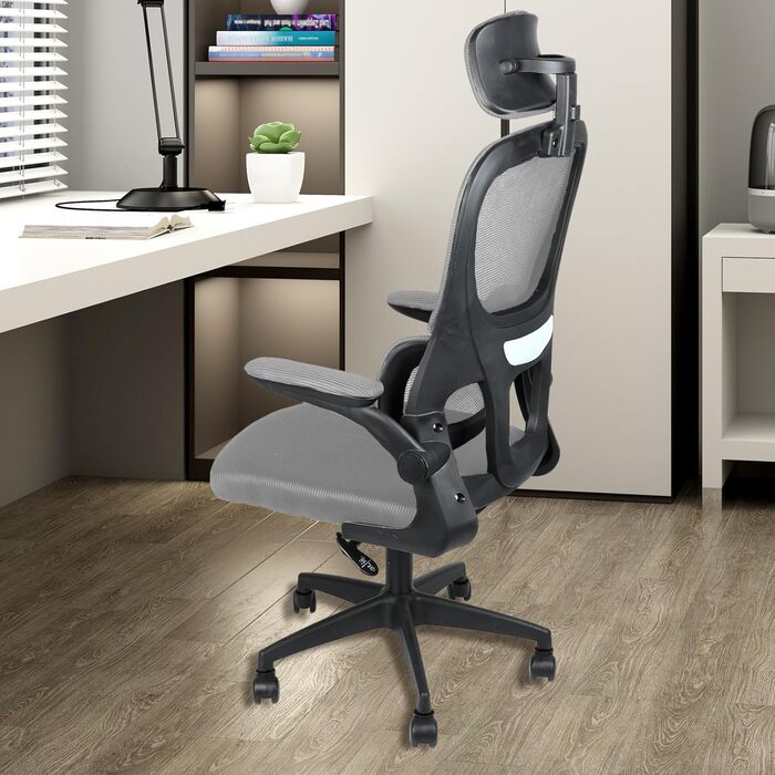 Офісне крісло, ергономічне ігрове крісло з поперековою опорою, підлокітники, регульований підголівник, комп&39ютерне крісло, обертове, висока спинка, зручне, для домашнього офісу (сіре, 125 x 65,5 x 64 см) Сірий 125 x 65,5 x 64 см