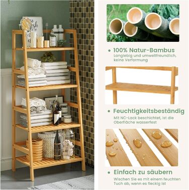 Полиця для ванної кімнати VIAGDO, полиця-драбина з 4 ярусами, книжкова полиця, полиця для взуття, полиця для рослин, полиця для балкону, полиця для квітів, багатофункціональна бамбукова полиця для невеликих приміщень, натуральний бамбук