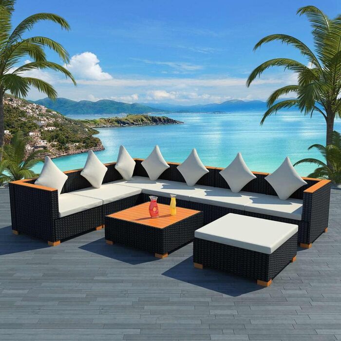 Диван садовий 8 шт. Poly Rattan Black Seating Group Lounge Garden Set Диван 3 шт. кутовий 3 шт. середня частина підставка для ніг стіл