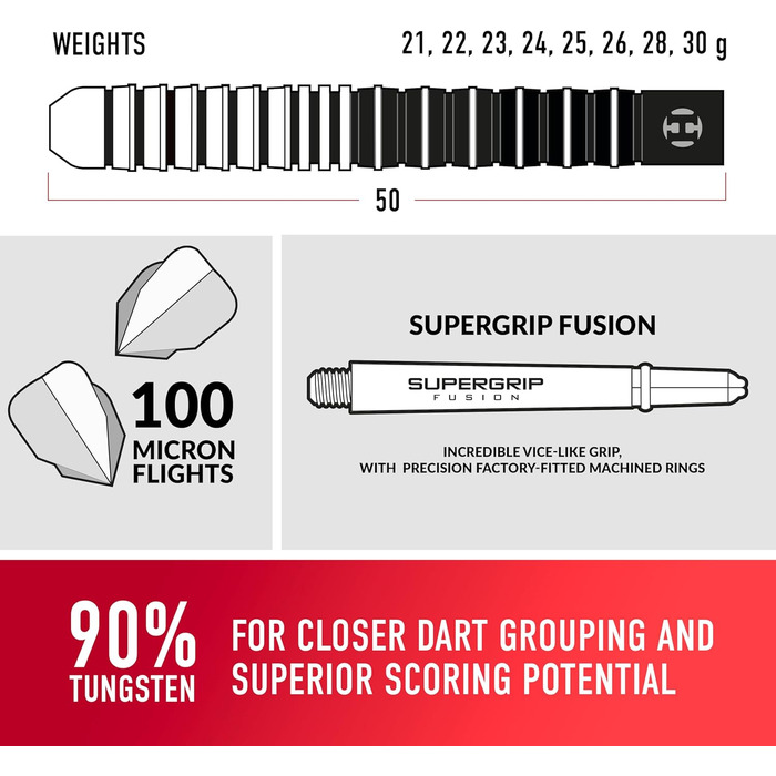 Дартс Harrows Predator 90 вольфраму чорного та сріблястого кольорів Набір дротиків зі сталевим наконечником 21 г, 22 г, 23 г, 24 г, 25 г та 26 г Включає древки Supergrip Fusion та льотки Predator