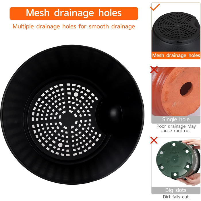 Квітковий горщик CSYY, набір із 7 пластикових квіткових горщиків із системою поливу, 20,3/19/17,7/16,5/15,2/14/12,7 см, самополивний горщик для рослин із блюдцем, підходить для використання в приміщенні та на вулиці, чорний, 7 предметів