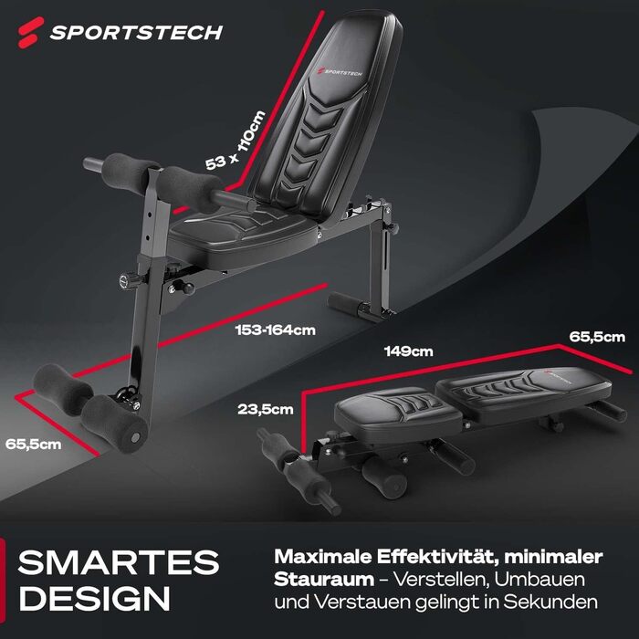 Силова лава Sportstech BRT500 для домашнього використання, регульована в 17 положеннях, похилий та горизонтальний варіанти, з підйомом ніг, складна, ручки для віджимань, вантажопідйомність 300 кг, тренування всього тіла, багатофункціональна фітнес-лава, ч