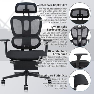 Ергономічне офісне крісло з підставкою для ніг, крісло для роботи з високою спинкою та подвійною спинкою, 2D-підголівник, відкидні підлокітники, губчасте сидіння, сітчасте крісло, крісло керівника, комп&39ютерне крісло для дорослих, чорне